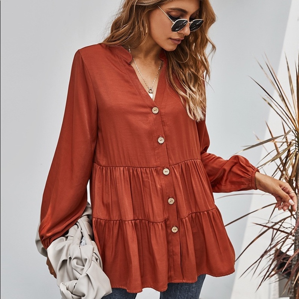 🍁🆕Button Down V Neck Long Sleeve Top Rust - Picture 4 of 7